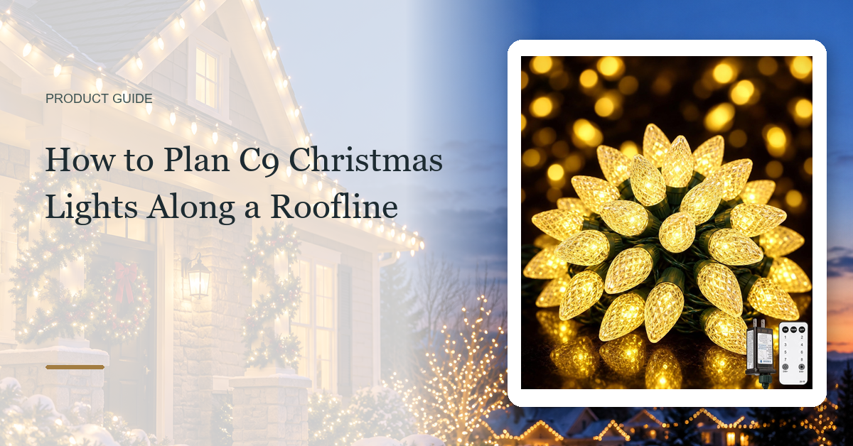 ISEEBIZ 81 foot C9 LED Christmas light strand product shown intact in a new horizontal roofline-planning guide cover.