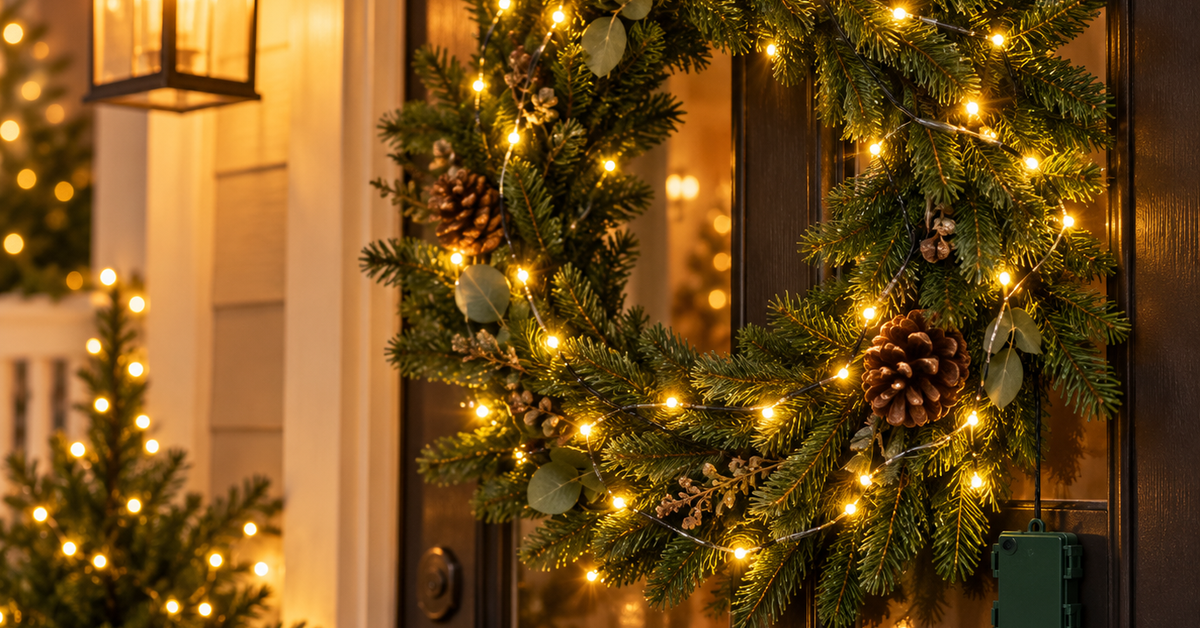 ISEEBIZ warm-white battery-operated string lights arranged around an evergreen wreath on a front door.