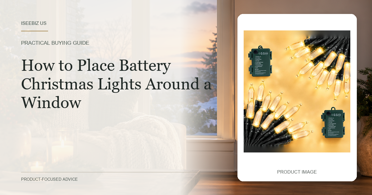 The exact ISEEBIZ 18-foot 50-LED warm white battery light product image shown unchanged on a new window decorating cover.