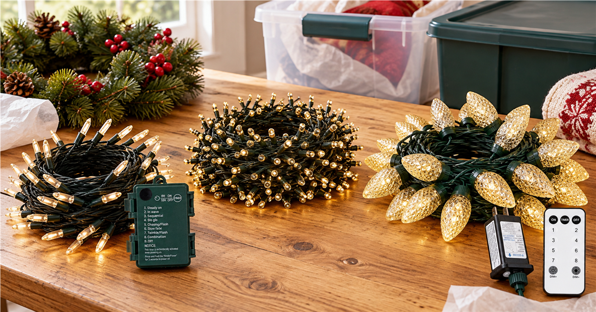 Battery mini lights, 500 LED cluster lights, and faceted C9 string lights arranged in separate coils for storage
