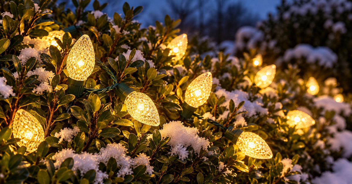 ISEEBIZ warm white C9 string lights arranged through evergreen shrubs along a winter garden path.
