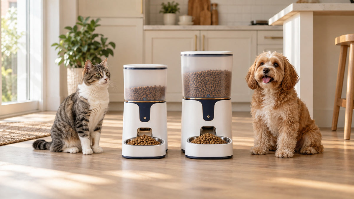 3.5L and 5L automatic pet feeders in a bright home feeding area