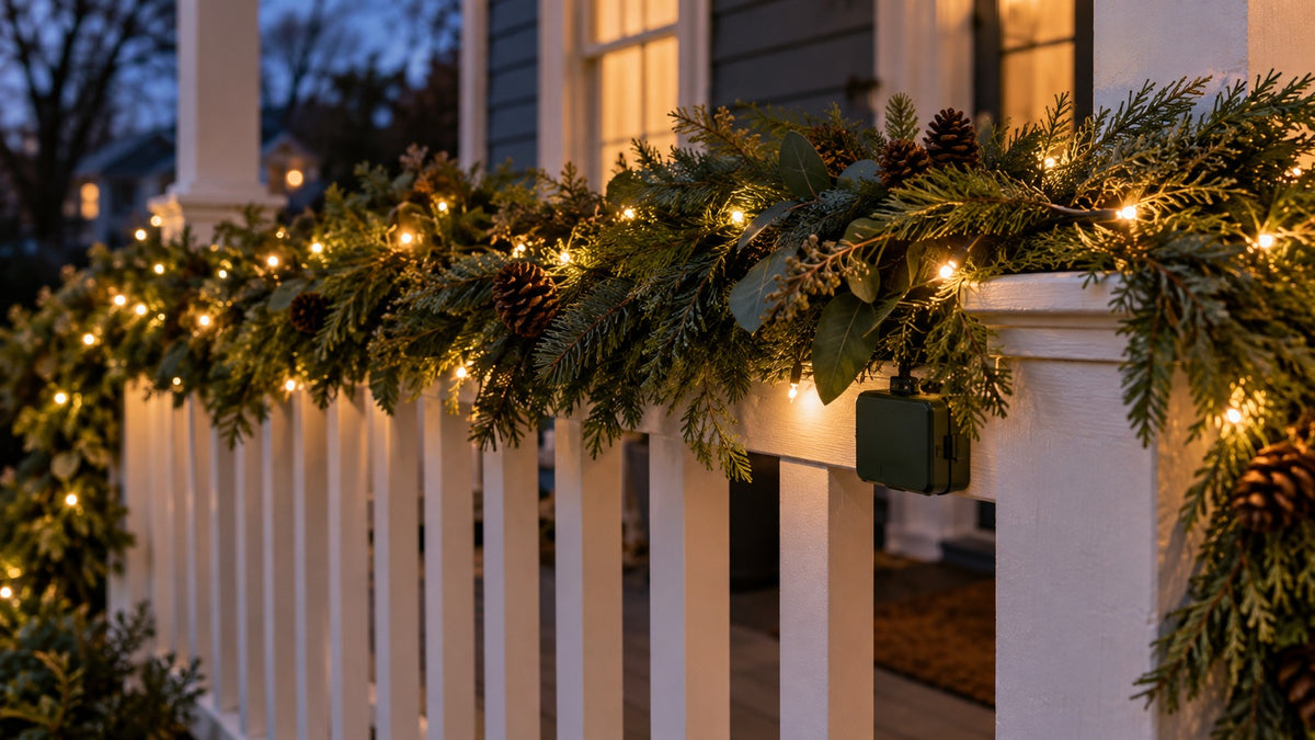 Warm white battery string lights wrapped around a porch garland