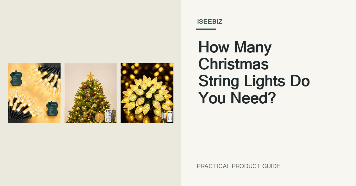 The three exact in-stock ISEEBIZ US string-light products presented side by side in a clean holiday planning cover