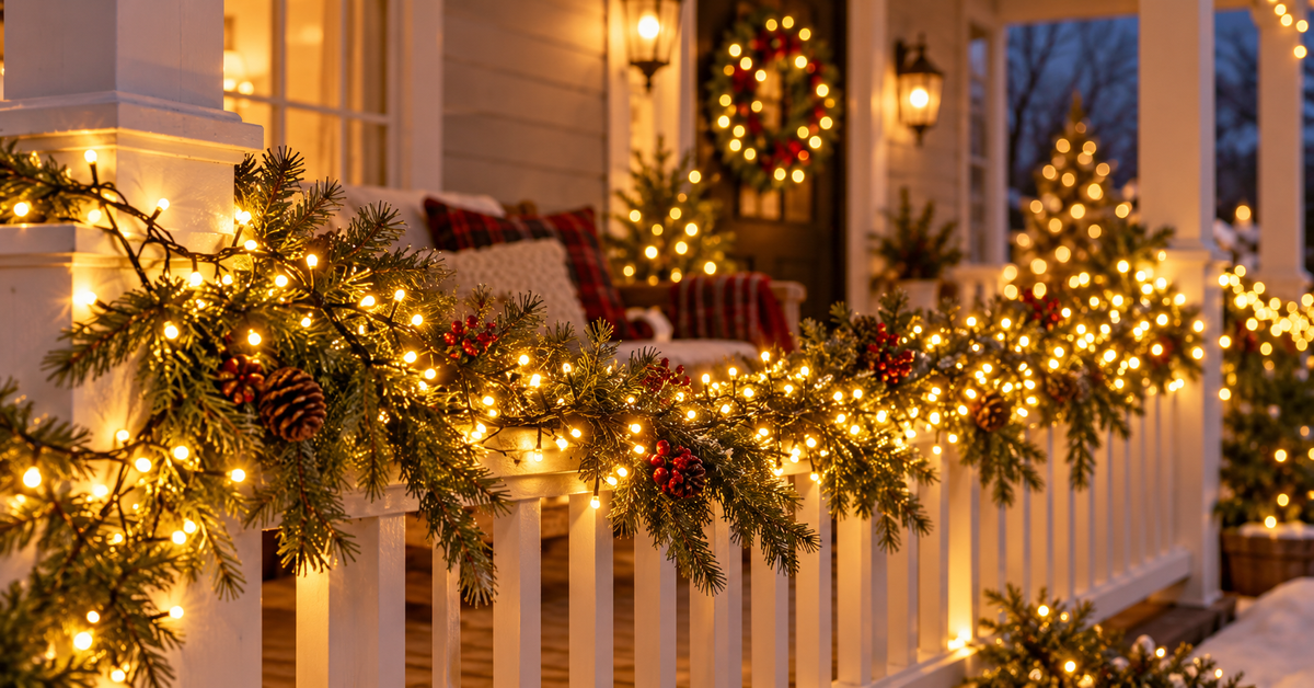 Warm-white ISEEBIZ cluster Christmas lights arranged along a porch railing with evergreen garland.