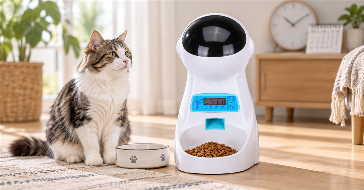 ISEEBIZ white automatic pet feeder beside a food bowl while its schedule and clock are checked