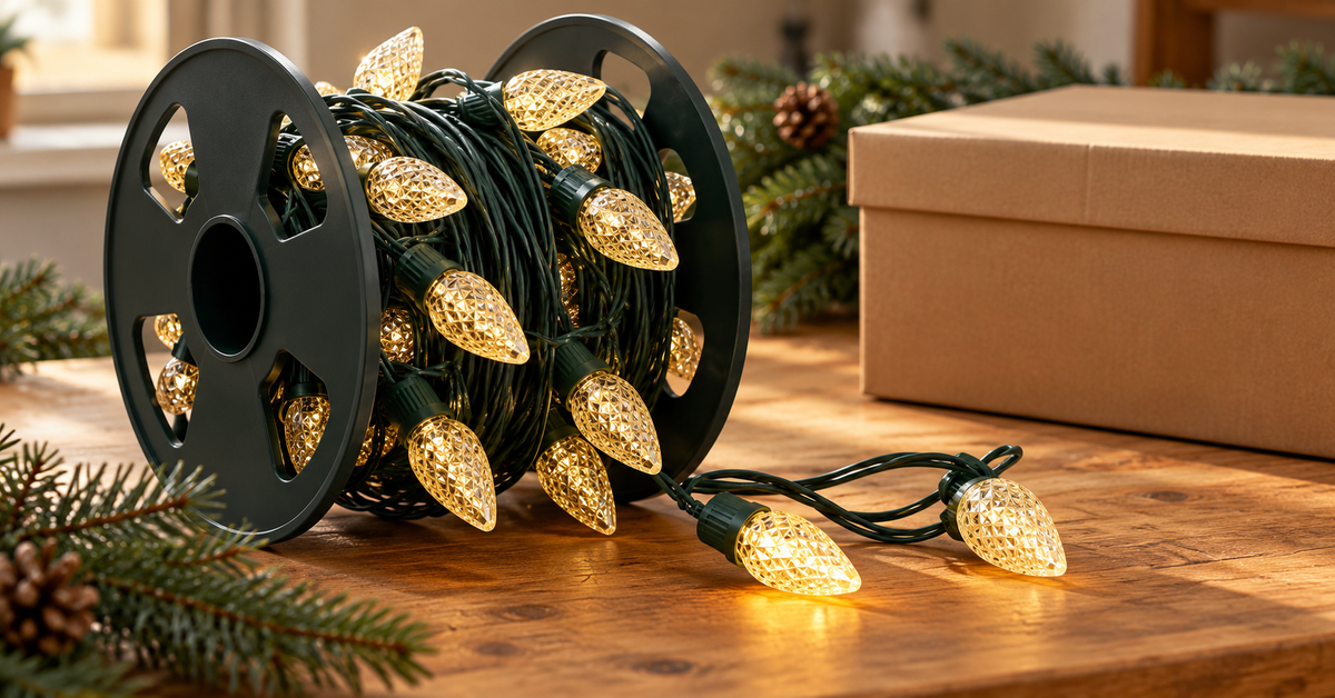 Warm-white faceted C9 Christmas lights loosely wound on a reel beside a storage box.