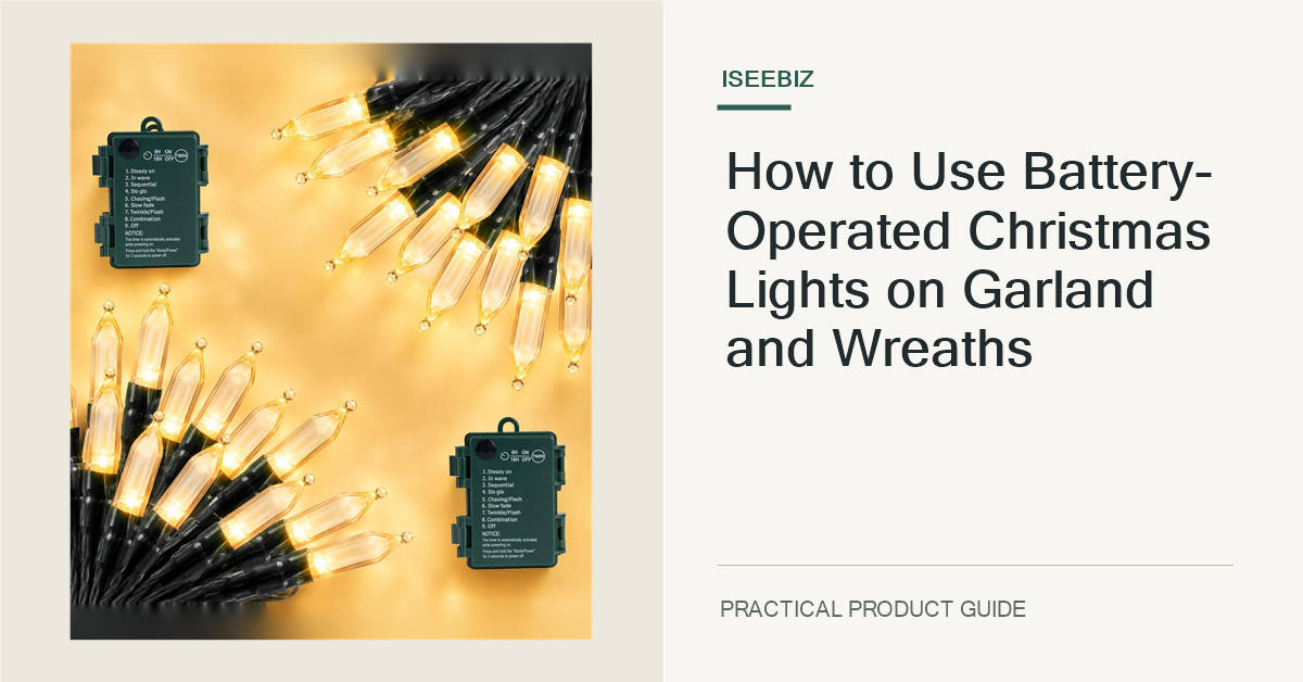 The exact ISEEBIZ 18 foot, 50 LED battery-operated mini string light product image used unchanged in a custom horizontal garland guide cover.