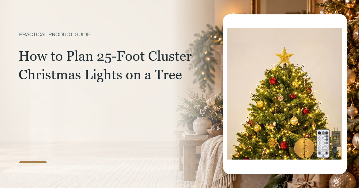 The exact ISEEBIZ 25-foot 500-LED cluster light product shown unchanged in a new horizontal tree-decorating cover.