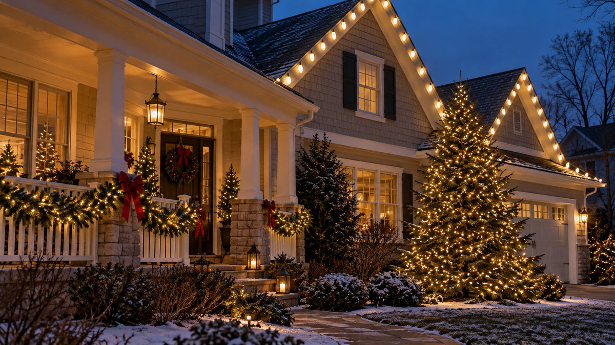 Home decorated with battery mini, cluster and C9 Christmas lights
