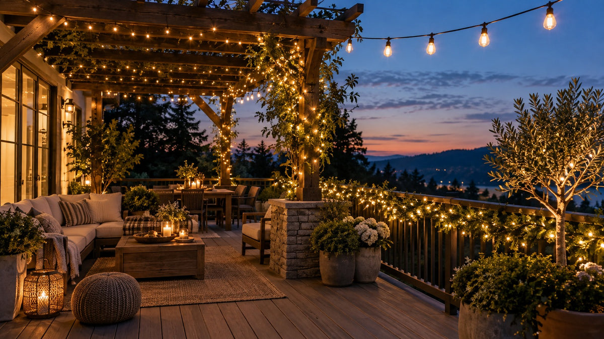Warm string lights arranged across a patio pergola, railing and greenery