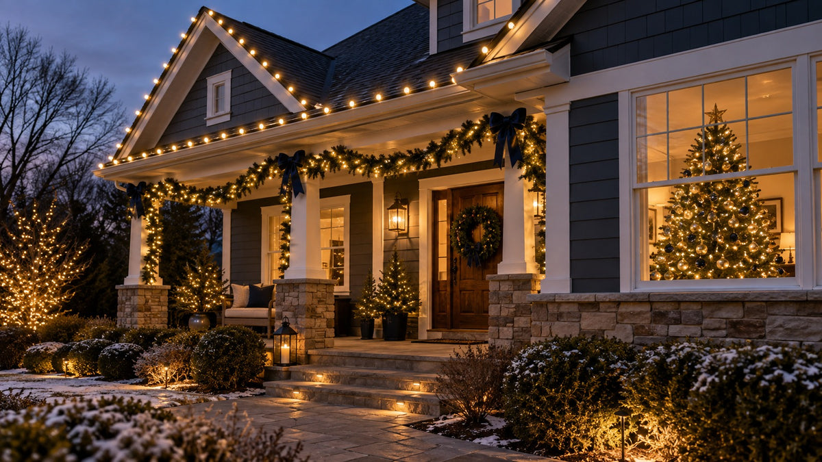 Christmas lights planned across a porch, roofline and indoor tree
