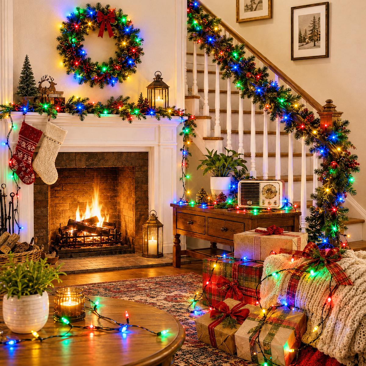 Colorful decorative string lights in a warm holiday home