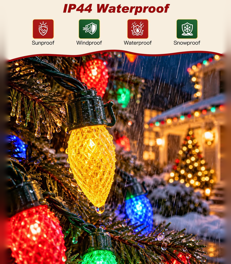 IP44 waterproof multicolor C9 lights on a snowy Christmas tree