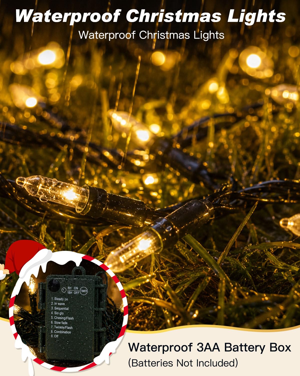 Battery Operated Christmas Lights Outdoor, 18FT 50 LED Warm White Mini String Lights with Timer & Memory Function, 8 Modes Waterproof Twinkle Lights for Garland Porch Party Wedding Indoor Decor