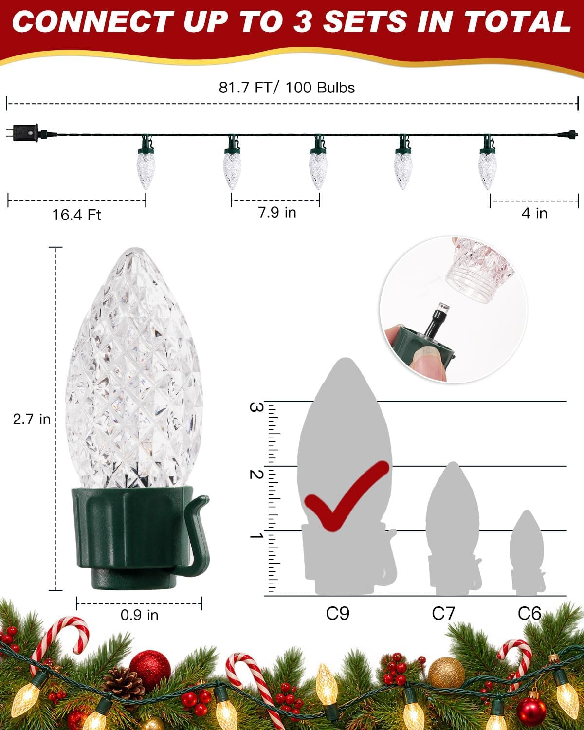 C9 LED Christmas String Lights Outdoor, 81 FT 100 LEDs Warm White Plug in
