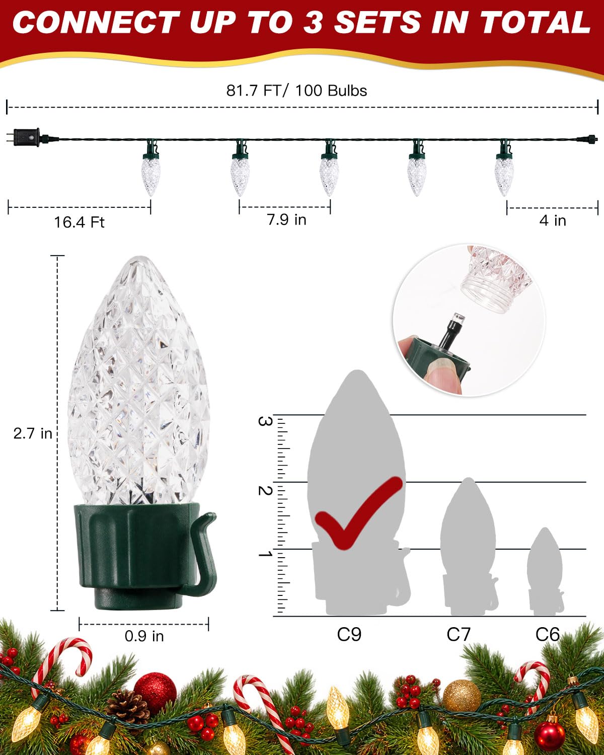 C9 LED Christmas String Lights Outdoor, 81 FT 100 LEDs Warm White Plug in