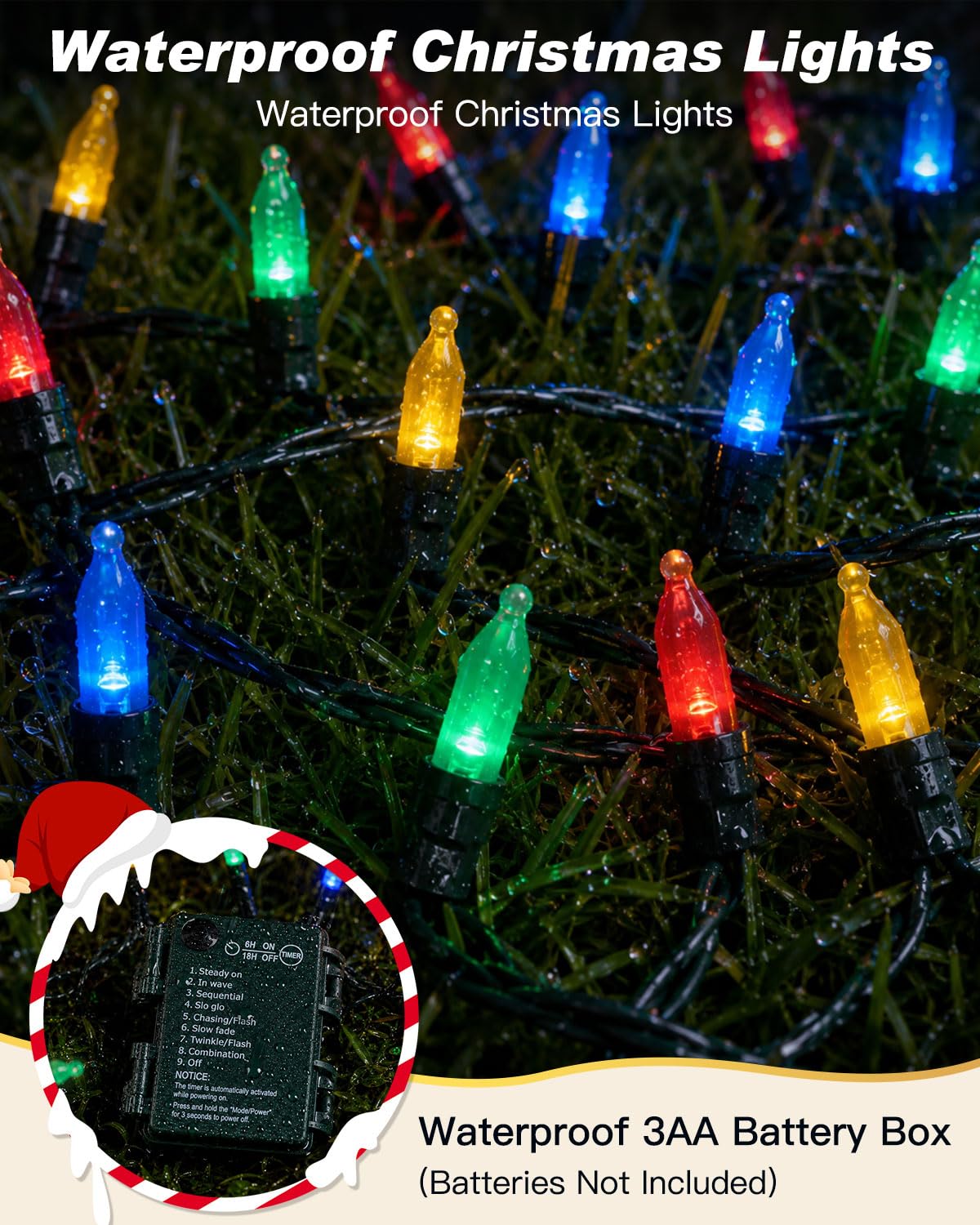Battery Operated Christmas Lights Outdoor, 18FT 50 LED Warm White Mini String Lights with Timer & Memory Function, 8 Modes Waterproof Twinkle Lights for Garland Porch Party Wedding Indoor Decor
