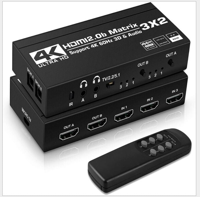 HDMIマトリックス切替器 3入力2出力 HDMI2.0 HDCP2.2 4K60HZ HDR 音声分離 光デジタル 異なる解像度で出力可能 日本語取扱説明書付き