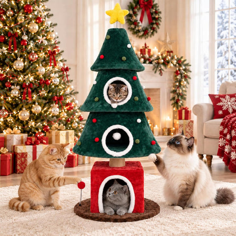 ISEEBIZ 64-Inch Christmas Cat Tree with 3 Condos
