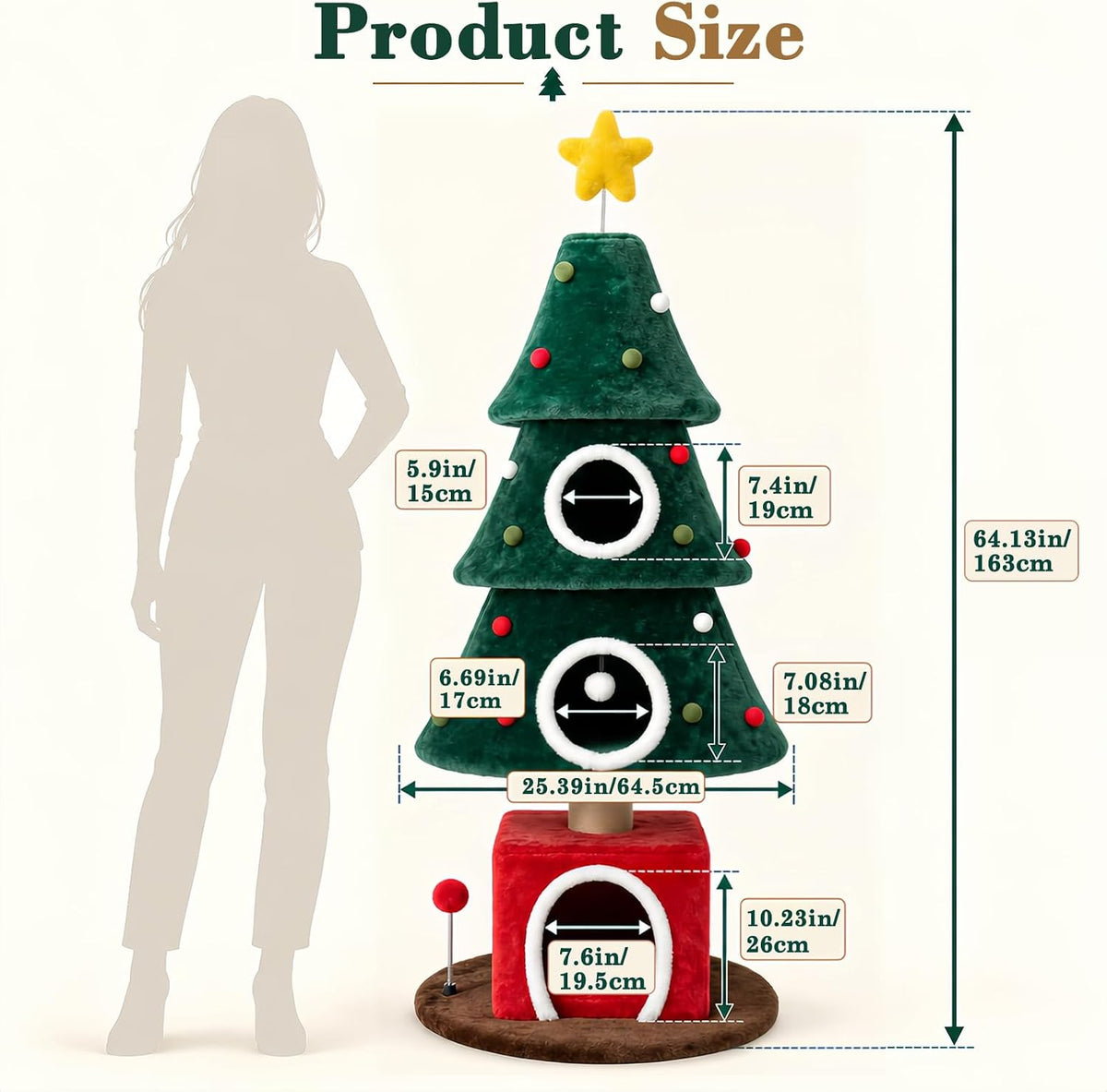 64-inch Christmas cat tree dimensions and condo opening sizes