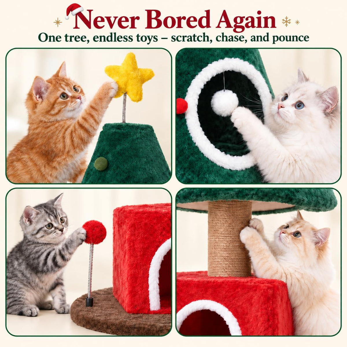 Christmas cat tree scratching posts and interactive hanging toys