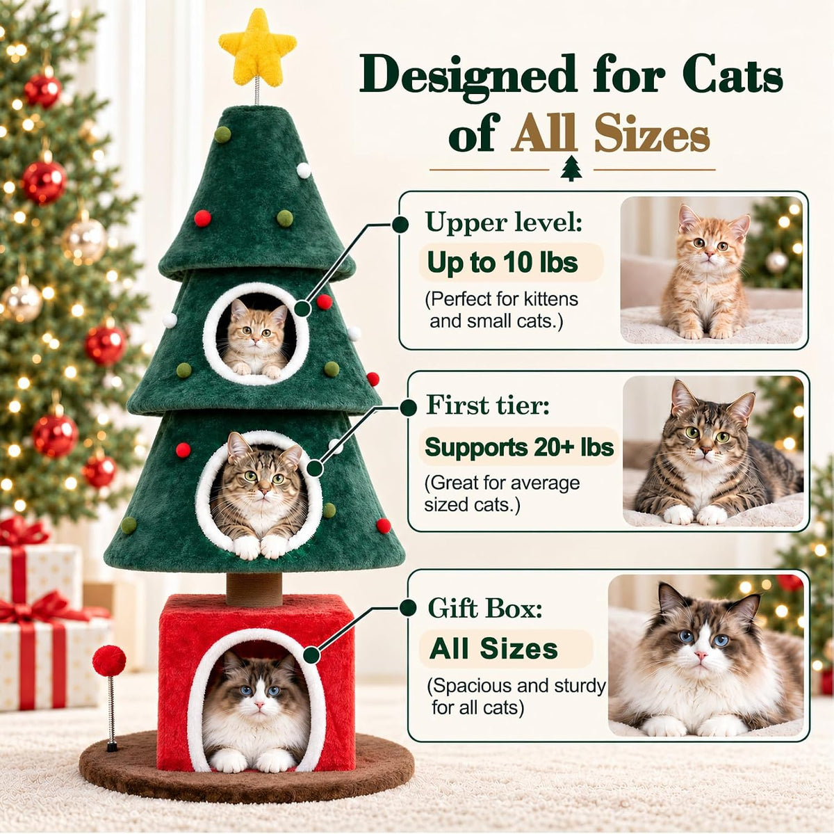 Christmas cat tower condo and platform guidance for cats of different sizes