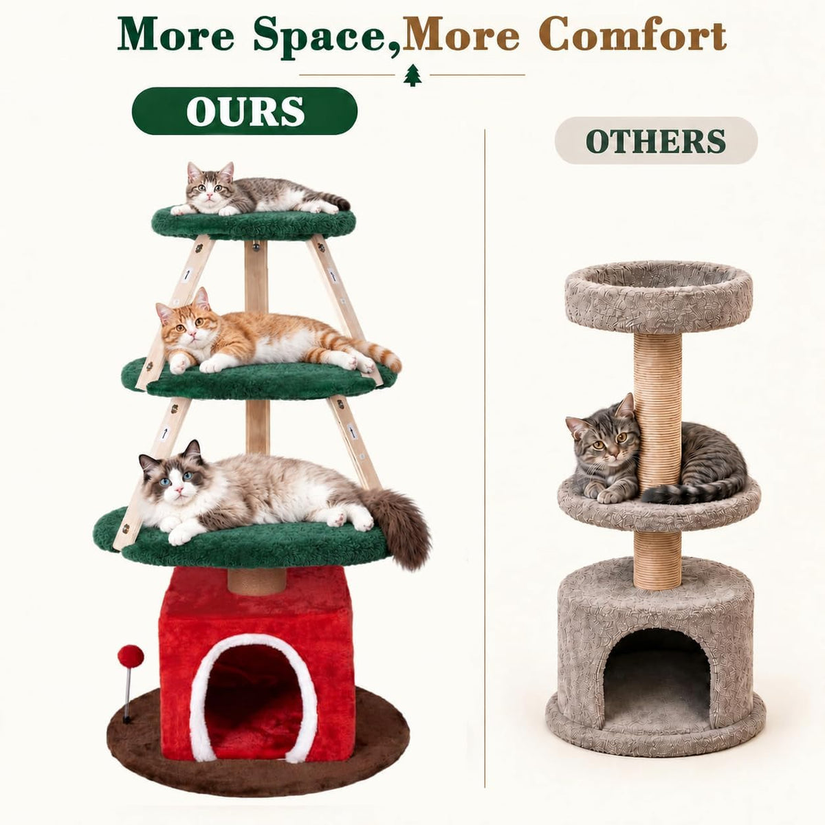 Wide-platform Christmas cat tree compared with a standard narrow cat tower