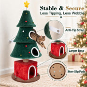 Christmas cat tree anti-tip strap, wide base, and non-slip pad features