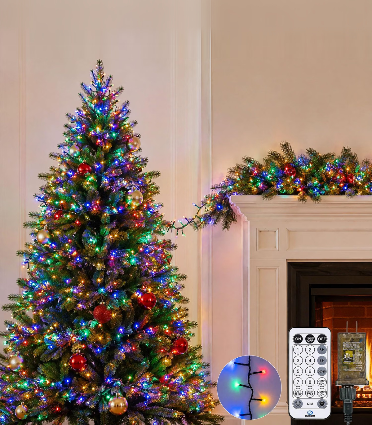 Multicolor cluster Christmas lights on a tree and fireplace garland