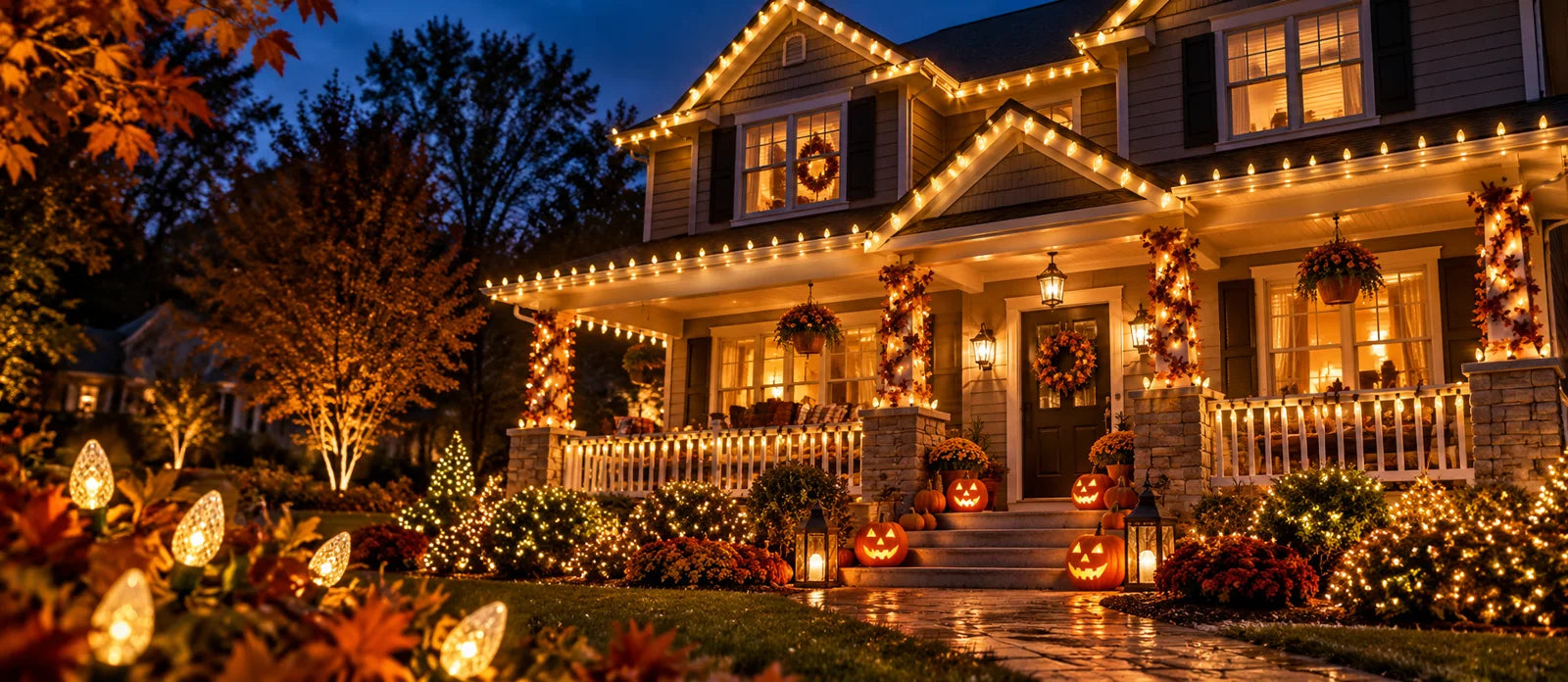 An American Halloween porch glowing with golden C9 lights and carved pumpkins