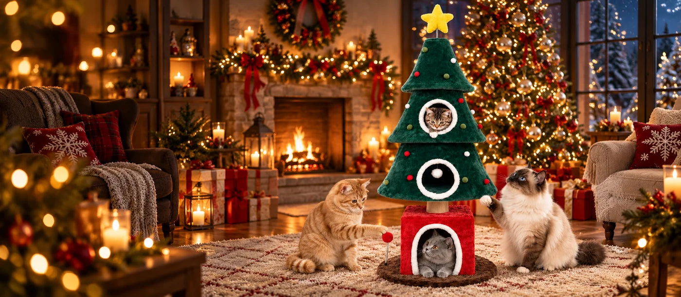 The three-condo Christmas cat tree in a warmly lit holiday living room
