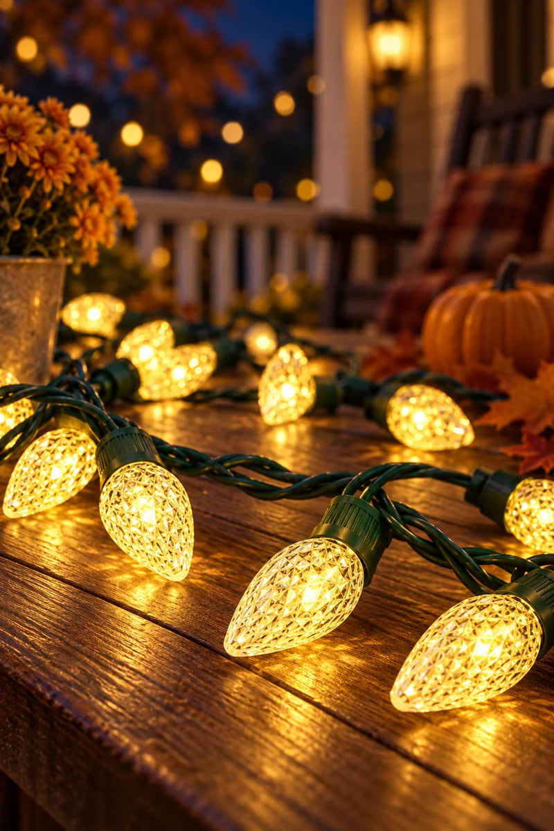 Glowing warm-white C9 string lights with autumn pumpkins in a festive porch setting